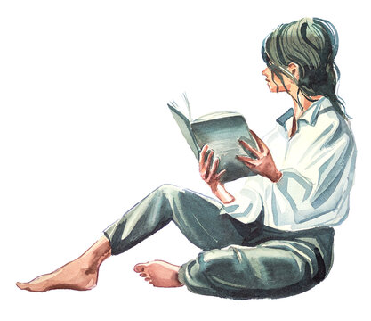Young girl reads a book. Watercolor hand painted woman reading a story. Book lover concept. Book reader design. Bookworm illustration.