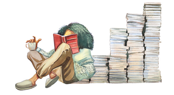 Young girl reads a book. Watercolor hand painted woman reading a story. Book lover concept. Book reader design. Bookworm illustration.