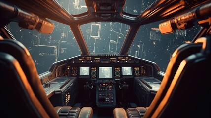 Futuristic spaceship cockpit interior with a view of space station and stars. A large spaceship window show view of space and modern cockpit with control panel with glowing light. Technology. AIG35.