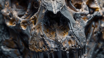 Up close, the intricate details of a fossilized skull are revealed, offering a glimpse into the anatomy and morphology of ancient creatures that once roamed the Earth.