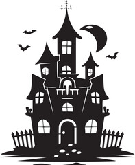 Creepy Halloween haunted castle black silhouette. Halloween vector illustration.