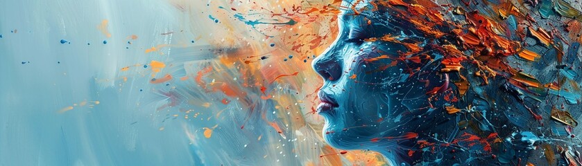 Abstract painting of a woman's face emerging from vibrant colors, illustrating artistic creativity and imagination in a dynamic composition.