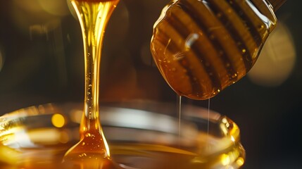 Honey drips from dipper to jar, showing its rich texture and golden color.