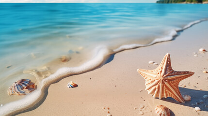 Starfish and shells on the beach. Concept of travel, vacation and holiday