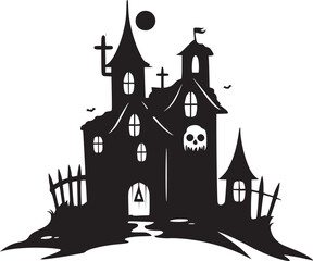 Creepy Halloween haunted castle black silhouette. Halloween vector illustration.