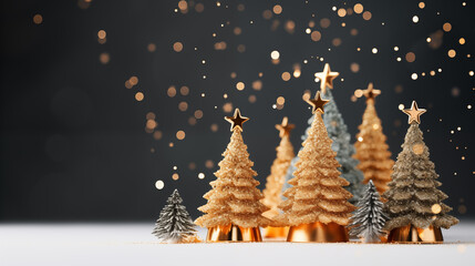 Golden and silver Christmas trees with snow, New Year background