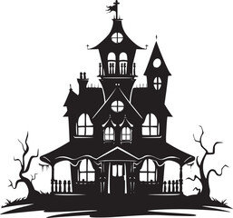 Creepy Halloween haunted castle black silhouette. Halloween vector illustration.