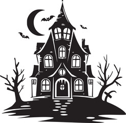 Creepy Halloween haunted castle black silhouette. Halloween vector illustration.