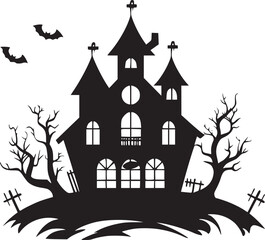 Creepy Halloween haunted castle black silhouette. Halloween vector illustration.