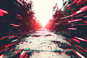 abstract road made from red and black pixel particles, glitch effect lines, glowing digital particles, futuristic, illustration // ai-generated 