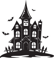 Creepy Halloween haunted castle black silhouette. Halloween vector illustration.
