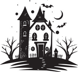 Creepy Halloween haunted castle black silhouette. Halloween vector illustration.