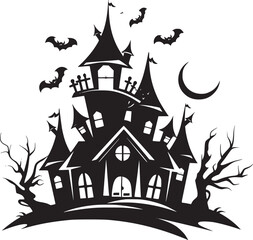 Creepy Halloween haunted castle black silhouette. Halloween vector illustration.