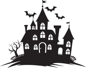 Creepy Halloween haunted castle black silhouette. Halloween vector illustration.