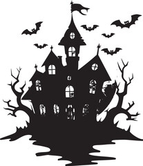 Creepy Halloween haunted castle black silhouette. Halloween vector illustration.