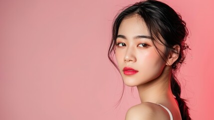 Fototapeta premium A captivating portrait showcases the grace and charm of a young Asian woman, her delicate features and elegant dress complementing the soft pink background.