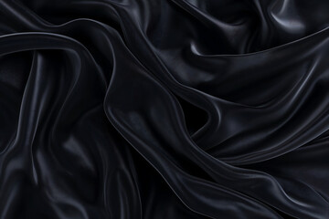 Fototapeta premium Luxurious black silk fabric with elegant texture and soft flowing folds, showcasing rich details.