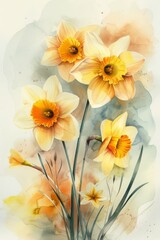 Elegant Watercolor Daffodils Flourishing Against a Dreamy, Abstract Watercolor Background.