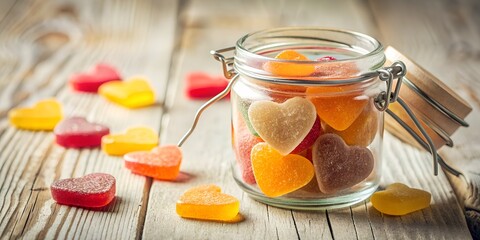 glass jar with heart-shaped sweets on a wooden background