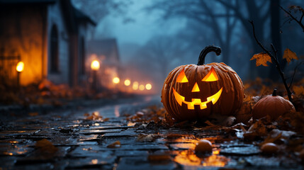 Picture of Halloween holiday. Orange pumpkins, bats and different scary decorations