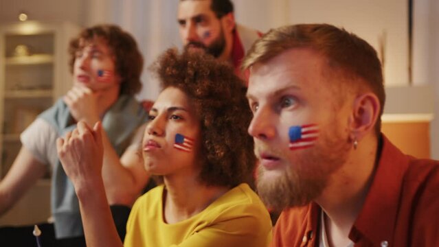 American fans watching match on tv, cheering for USA team. European Games and World football, 2026 USA, Canada, Mexico. Sports and soccer fans. Paris Games, competition, Slow Motion