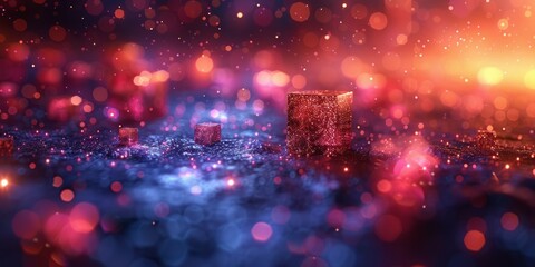 Fototapeta premium A blurry cube sits in the center of a room, surrounded by undefined shapes and shadows