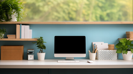 Working space in the office. Laptop on the table, green plant and booking shelf on the background
