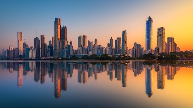 Mumbai skyscrapers reflecting in water at dawn, clear blue sky highlighting the modern skyline. - Powered by Adobe
