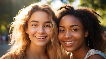 Fototapeta premium portrait of a smiling two woman in the park