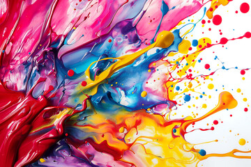 Colorful abstract paint splash featuring bold colors and dynamic movement on a white background.