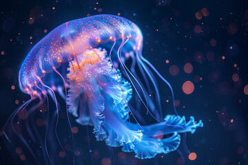 Ethereal jellyfish gracefully float in deep blue ocean, illuminated by soft, glowing light. Capturing underwater beauty and tranquility.