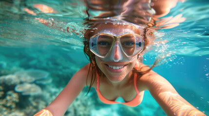 Naklejka premium A young girl swims in the ocean in glasses and a bikini. She is smiling and looking at the camera in shallow water