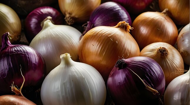 A variety of onions, such as traditional brown/yellow onions, white onions, and reddish-purple onions. Some of the onions have their skins slightly pulled off to reveal their layers.