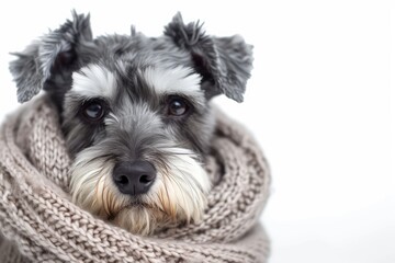 Schnauzer with a Knitted Scarf: A Schnauzer wrapped snugly in a cozy knitted scarf, radiating warmth and comfort with a gentle expression. photo on white isolated background