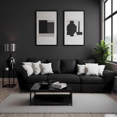 interior of black sofa modern interior the mockup on the wall