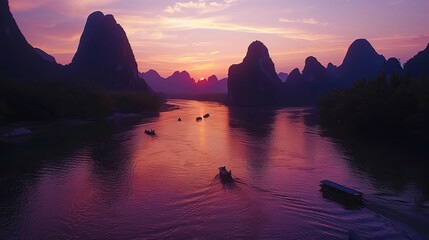 Romantic Sunset Rafting Capture the romance of bamboo rafting on the Li River at sunset with images...