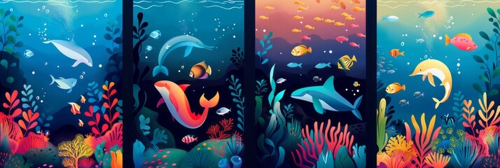 Set of four banners featuring different underwater scenes with marine life and coral reefs