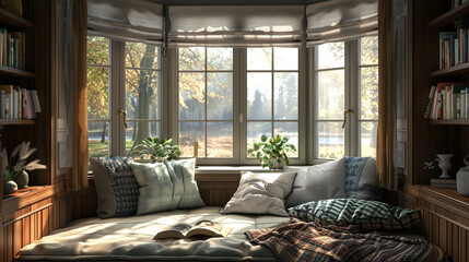 Design a cozy reading nook nestled beside a bay window, adorned with plush cushions and a warm throw blanket.