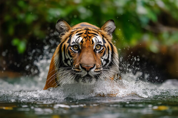 Fototapeta na wymiar animal by ai // tiger is splashing through the water in ancient forest, adult tiger emerging from water, green trees and river background, closeup, photorealistic // ai-generated 
