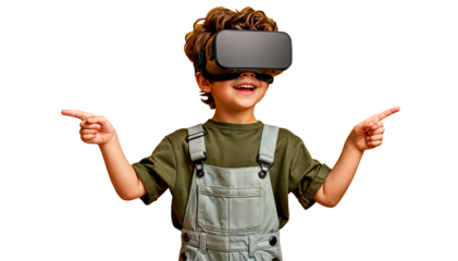 Young boy wearing a virtual reality headset and pointing in both directions. High-quality PNG. Ideal for technology-themed projects, VR promotions, and educational content. Perfect for tech companies