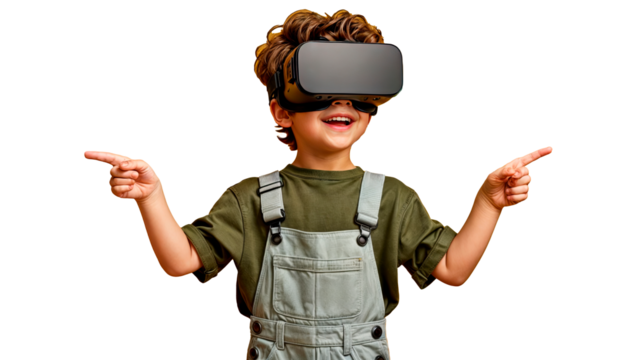 Young boy wearing a virtual reality headset and pointing in both directions. High-quality PNG. Ideal for technology-themed projects, VR promotions, and educational content. Perfect for tech companies 