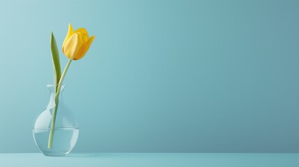 A single yellow tulip in a clear vase against a light blue backdrop