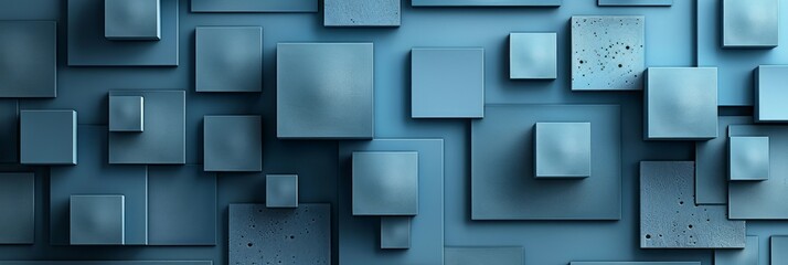 Blue wall with numerous squares in various shades forming a geometric pattern