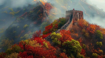Seasonal Exploration Capture the changing seasons on the Great Wall with images of hikers enjoying summer hikes amidst lush greenery, autumn treks through fiery foliage, or winter adventures in a snow