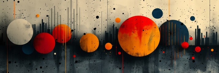 Abstract artwork featuring oranges and black circles in a dynamic composition