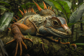 animal by ai // undiscovered new species, iguana with a long spiky tail in the rainforest, large eyes and vividly colored skin, photorealistic // ai-generated 