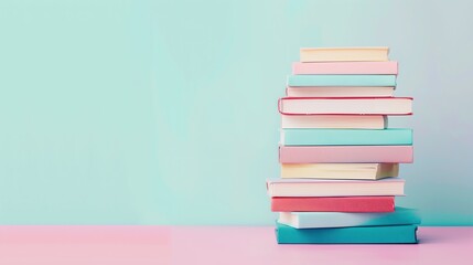 A stack of neatly arranged books against a pastel background, minimalist aesthetic