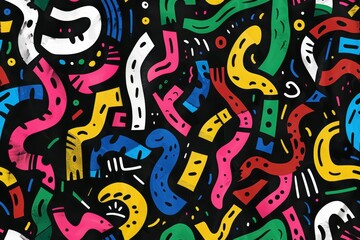 Obraz premium Lively Dance of Colorful Abstract Shapes and Lines on a Dark Canvas.