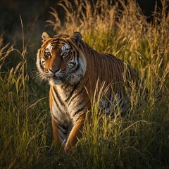 Naklejka premium A tiger prowling through tall grass in the golden light of dawn.