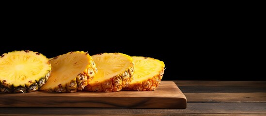 Fresh pineapple slices arranged on a wooden cutting board with copy space image